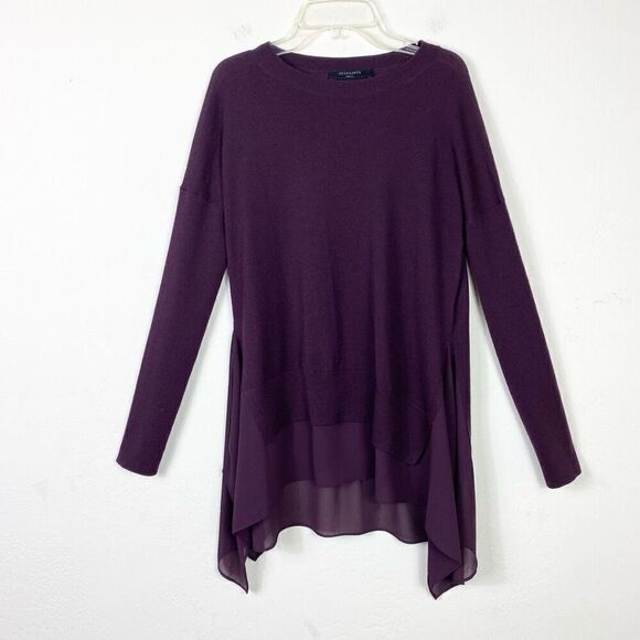 Allsaints Purple Libby Crewneck 100% Merino Wool Long Sleeve Tunic Sweater Sz S - Picture 2 of 8